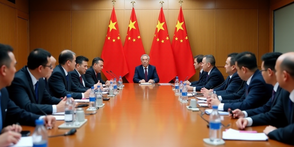 a group of men sitting around a long table in a meeting room with flags in the background of the roo