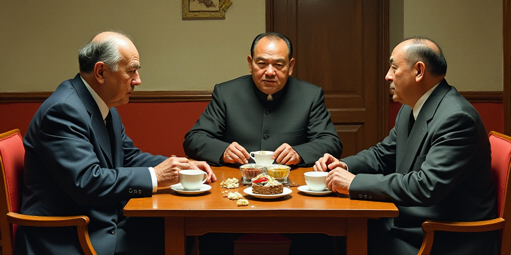 a group of men sitting around a table eating food and drinking coffee and talking to each other in a