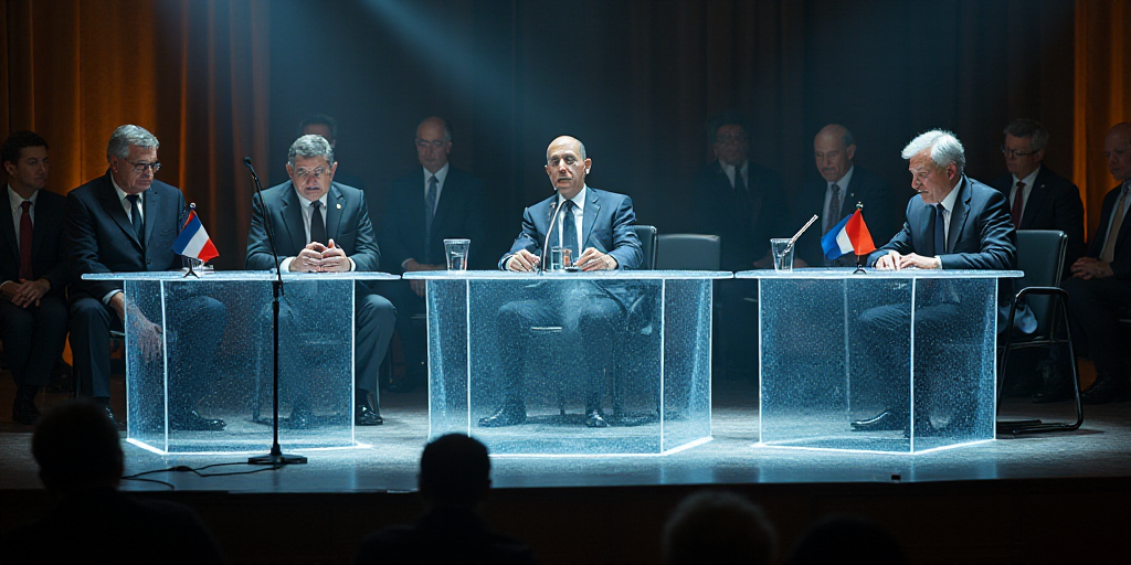 a group of men sitting at a table with flags on them and a microphone in front of them with people s