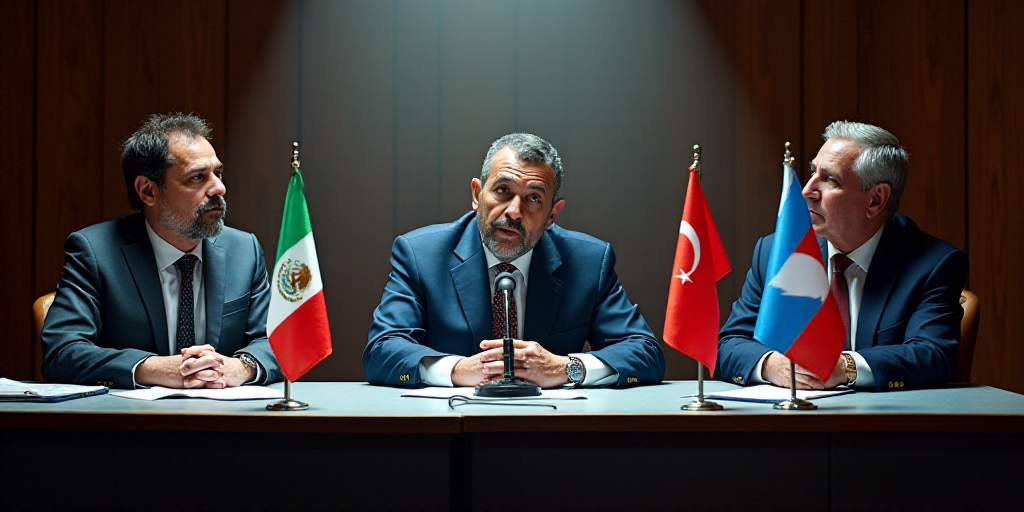 a group of men sitting at a table with flags on it and a microphone in front of them,, Carlos Franci