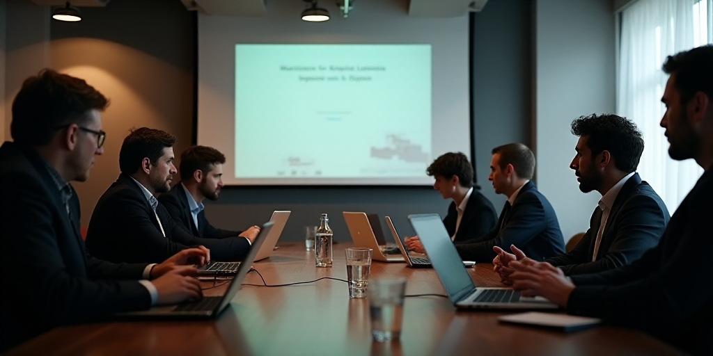 a group of men sitting at a table with laptops in front of them and a projector screen behind them,