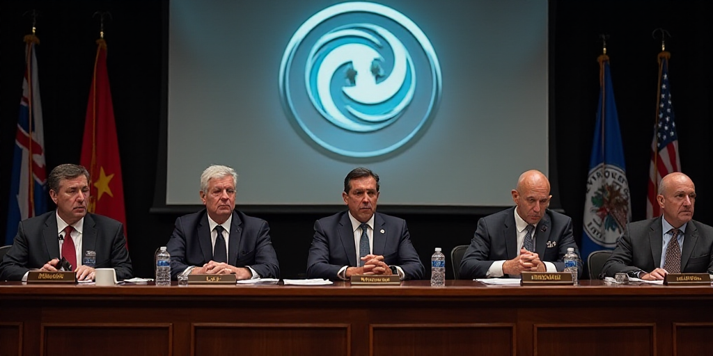 a group of men sitting at a table with flags behind them and a large screen behind them with a logo