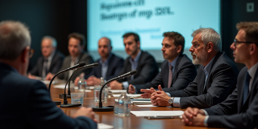 a group of men sitting at a table with microphones in front of them and a screen behind them, Enguer