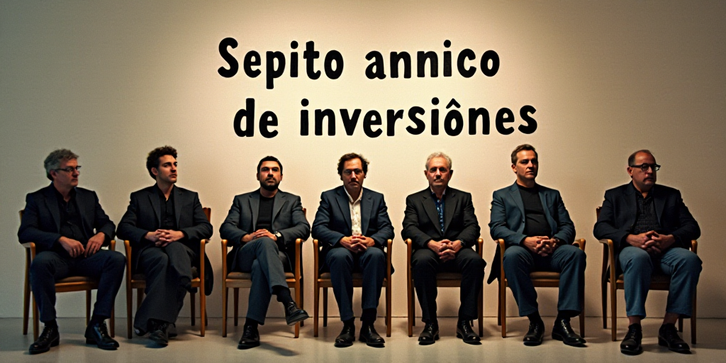 a group of men sitting in chairs in front of a wall with a sign behind them that says sepito annico