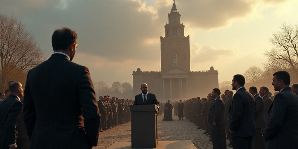 a group of men standing around a podium talking to each other in front of a building with a flag on