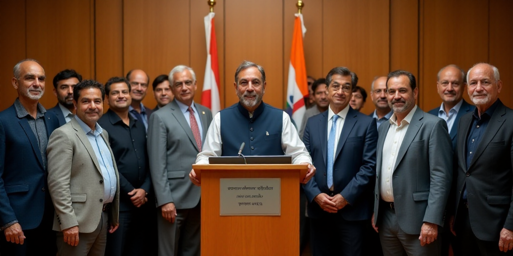 a group of men standing around a podium in a room with a flag on it and a sign in front of them, Bhu