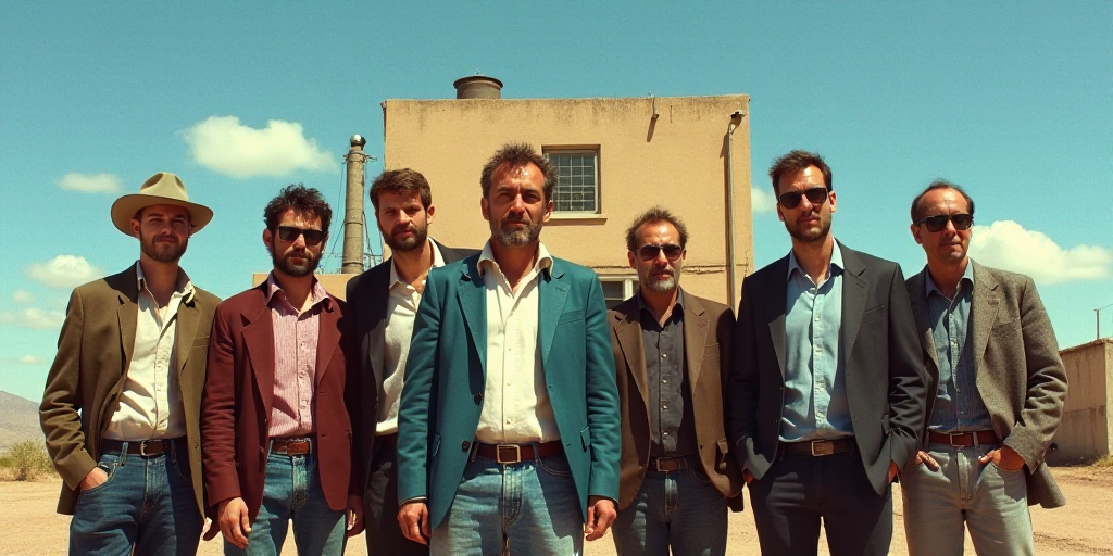 a group of men standing around each other in front of a building with a sky background and a blue sk