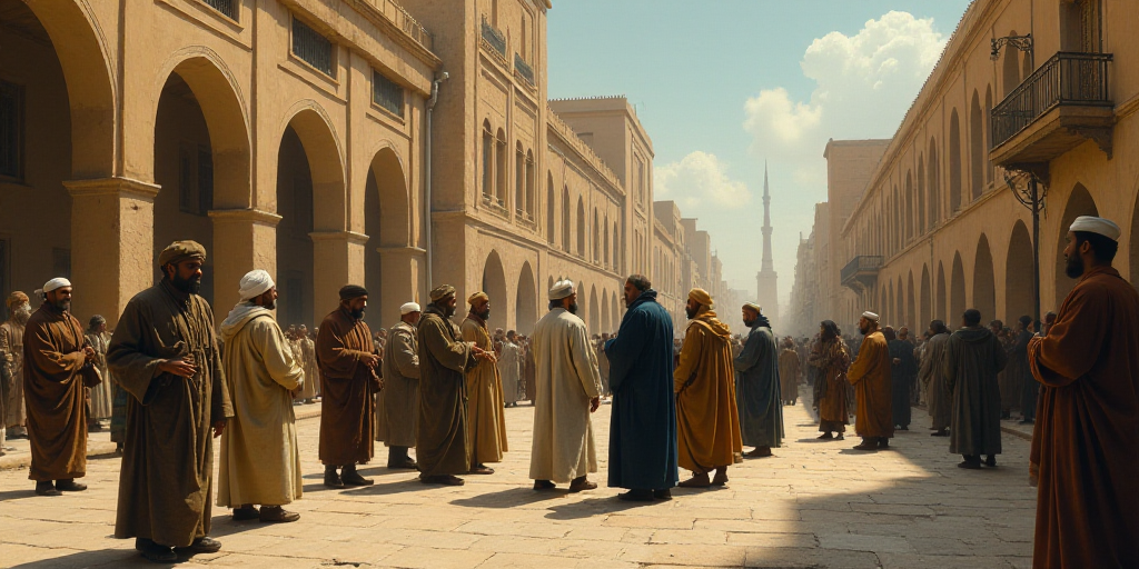 a group of men standing around each other on a street corner with a building in the background and p