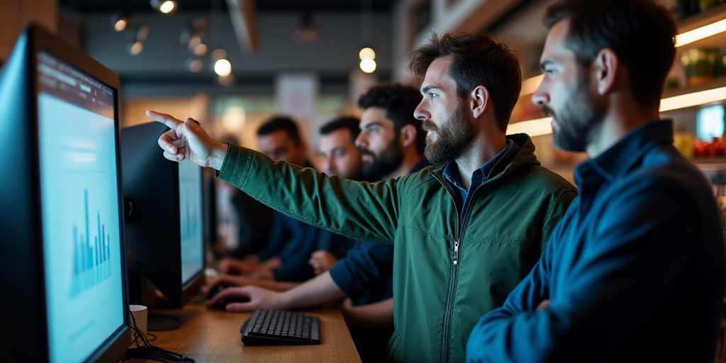 a group of men standing around a computer screen in a store with a man pointing at it with a finger,