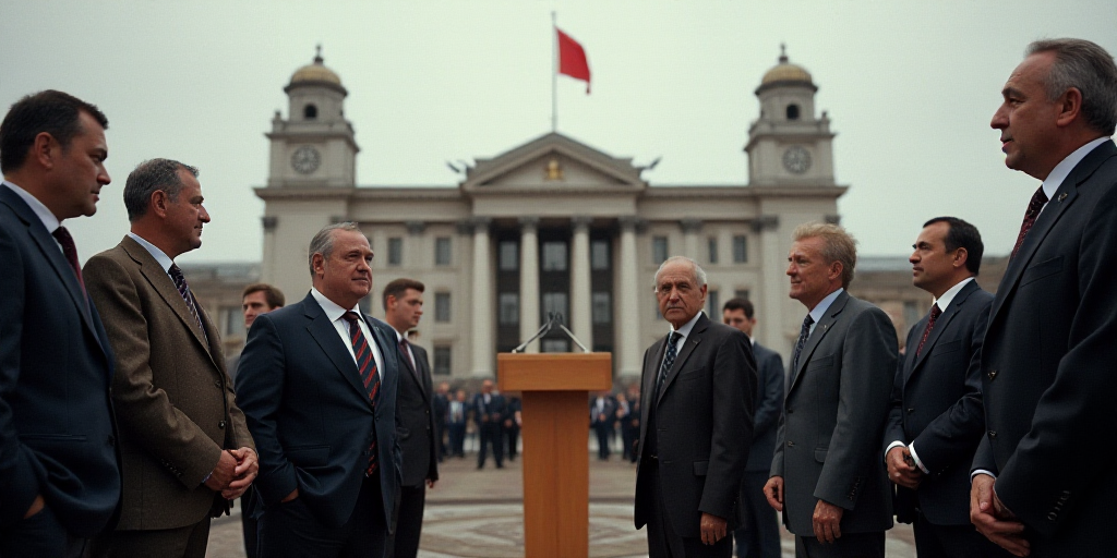 a group of men standing around a podium talking to each other in front of a building with a flag on