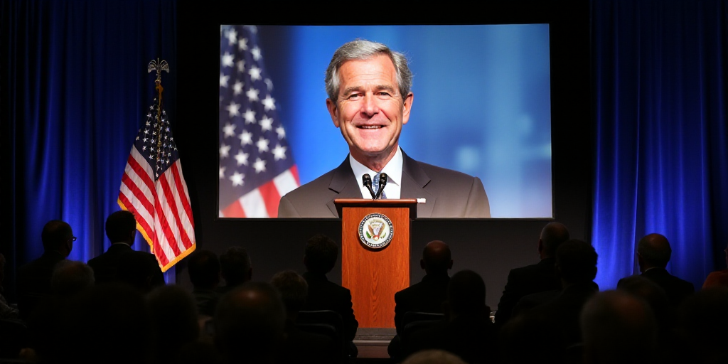a group of men standing at a podium in front of a screen with a picture of president bush on it, Dav