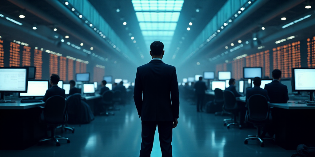 a group of men standing in front of a stock market floor with monitors on each side of them and a ma