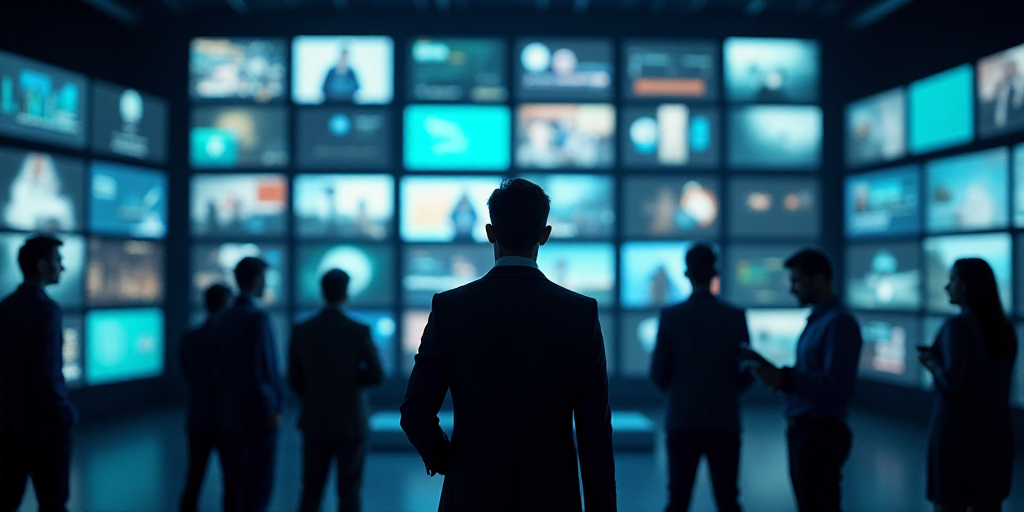 a group of men standing in front of a wall of monitors and screens with a man holding a tablet, Andr