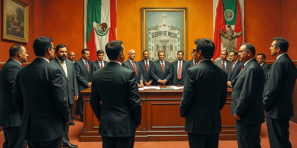 a group of men standing in front of a desk in a room with a sign that says gobierro de mexico, David