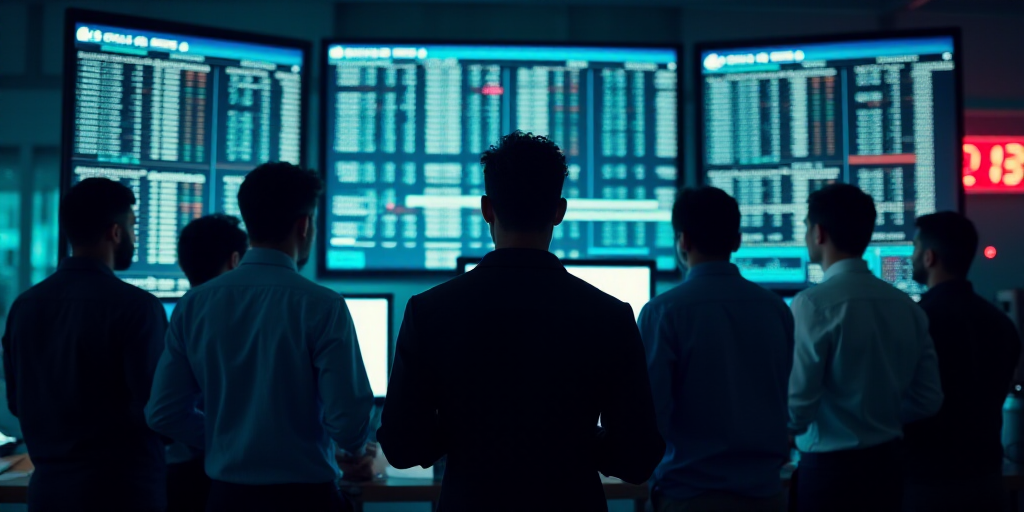 a group of men standing in front of a computer screen with stock prices on it and a stock market flo
