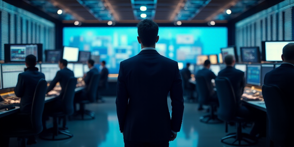 a group of men standing in front of a stock market floor with monitors on each side of them and a ma