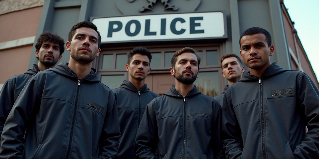 a group of men standing in front of a building with a sign on it that says police on it, Estuardo Ma