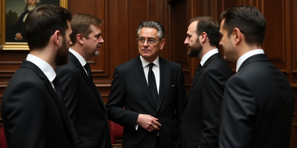 a group of men standing next to each other in suits and ties talking to each other in a room, Carl G