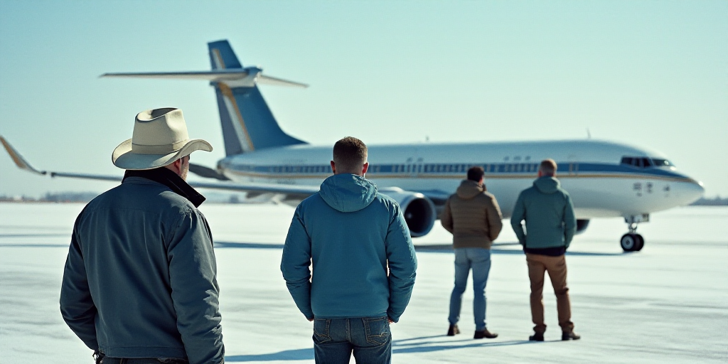 a group of men standing next to an airplane on a runway with a person in a white hat and a man in a