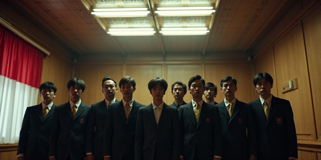 a group of men standing next to each other in a room with flags on the wall and a ceiling, Ayami Koj
