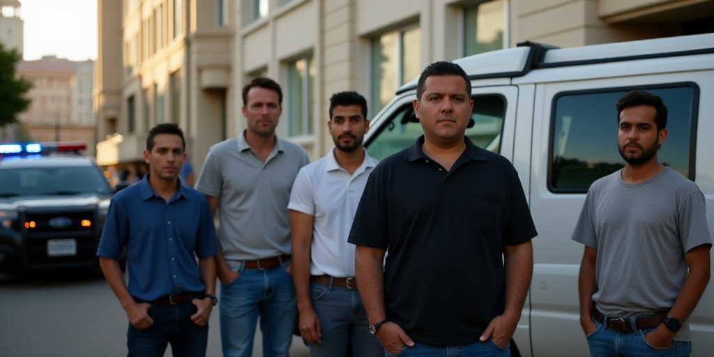 a group of men standing next to a van in front of a building with a police car in the background, Es