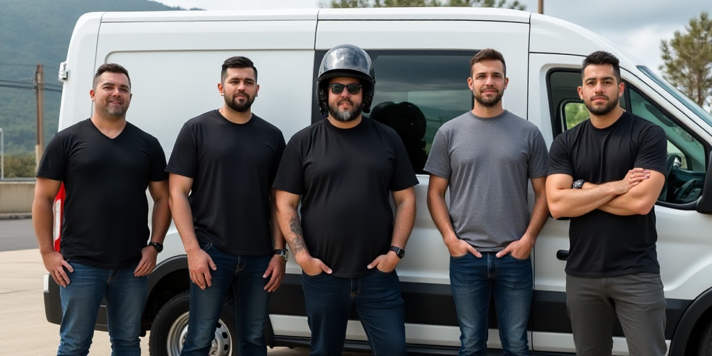 a group of men standing next to a white van with a black helmet on it's head and two men in black sh