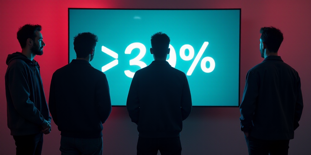 a group of men standing next to each other in front of a tv screen with a price tag on it, Andries S
