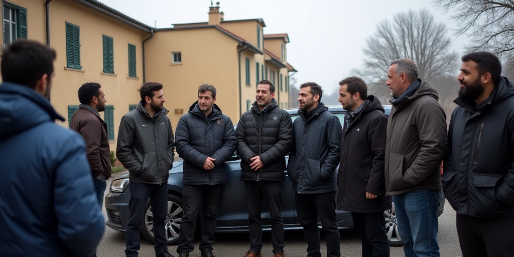 a group of men standing next to each other in front of a car with a building in the background, Edua