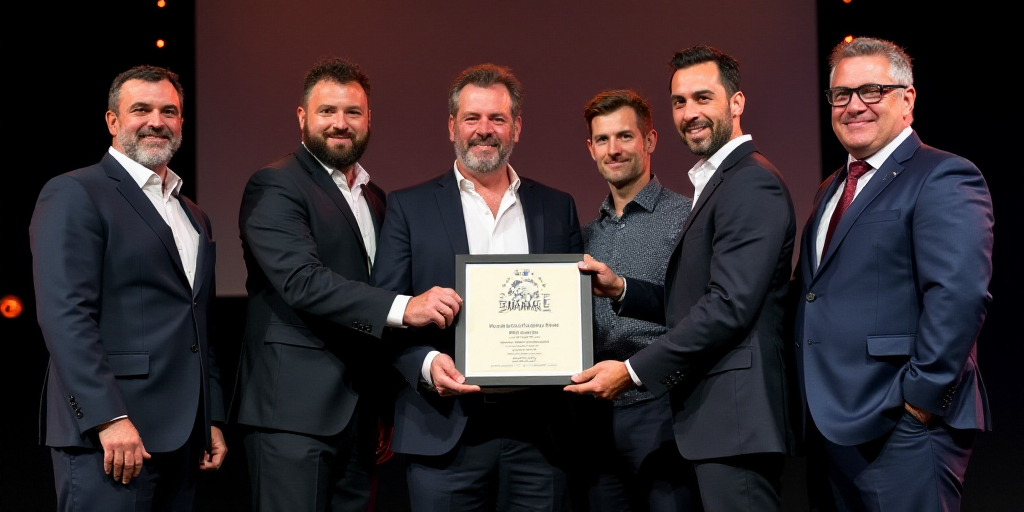a group of men standing on a stage holding a plaque in front of them with the words best global brok