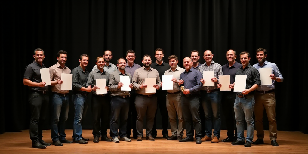 a group of men standing on a stage holding papers and posing for a picture with a backdrop behind th