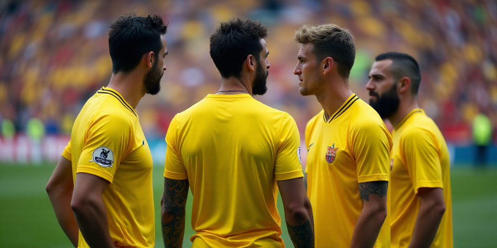 a group of men standing on top of a soccer field next to a crowd of people in yellow shirts, Carles