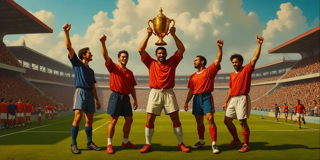a group of men standing on top of a soccer field holding a trophy in their hands and celebrating a g