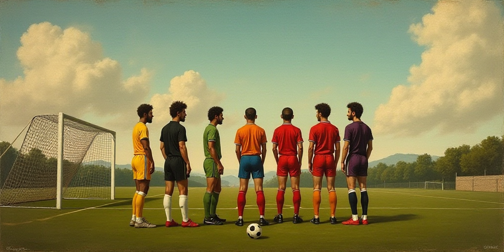 a group of men standing on top of a soccer field next to each other on a field with a goal net, Carl