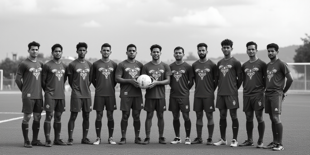 a group of men standing on top of a field holding a ball in their hands and wearing uniforms with de