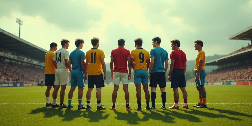 a group of men standing on top of a soccer field next to each other on a field with a crowd watching