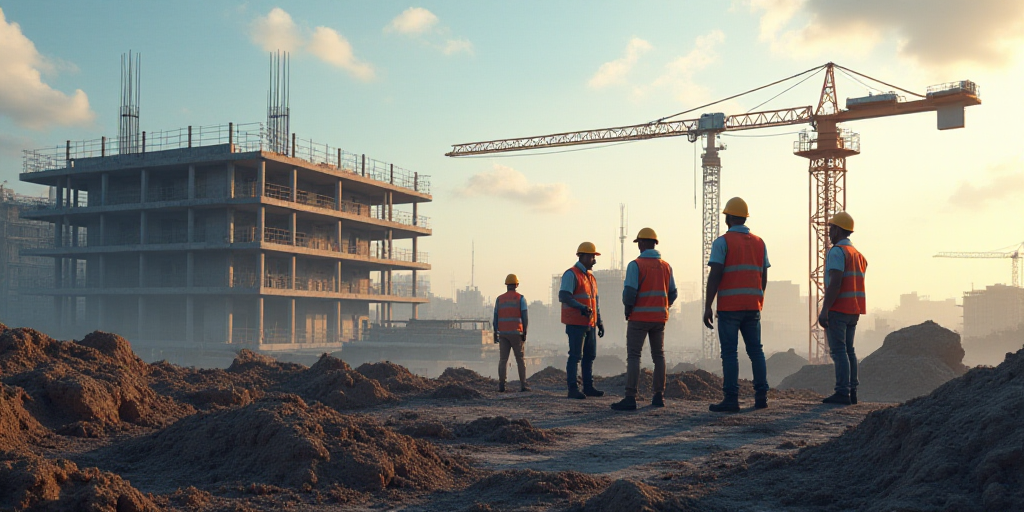 a group of men working on a construction site with a crane in the background and a building under co
