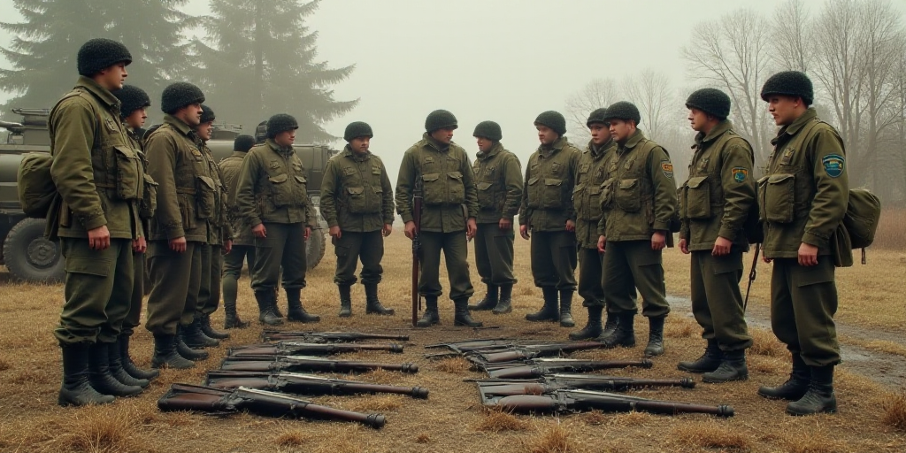 a group of military men standing around with guns and equipment on the ground in front of them, all
