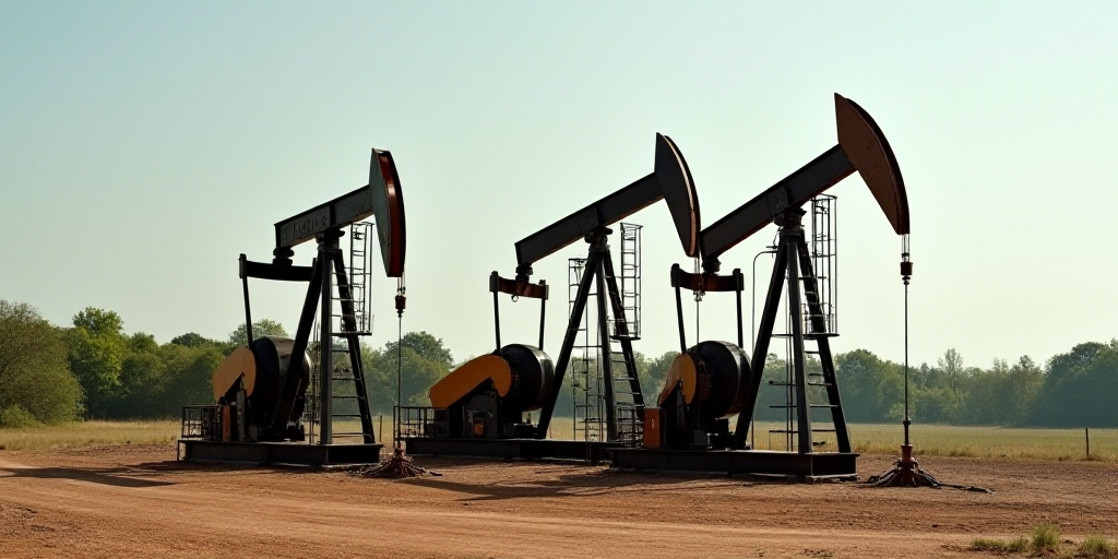 a group of oil pumps sitting next to each other on a field of dirt and trees in the background, Andr