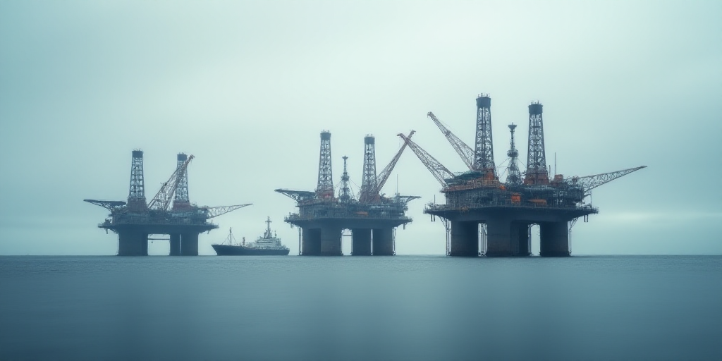 a group of oil rigs in the middle of the ocean with a boat in the background on a cloudy day, Bascov