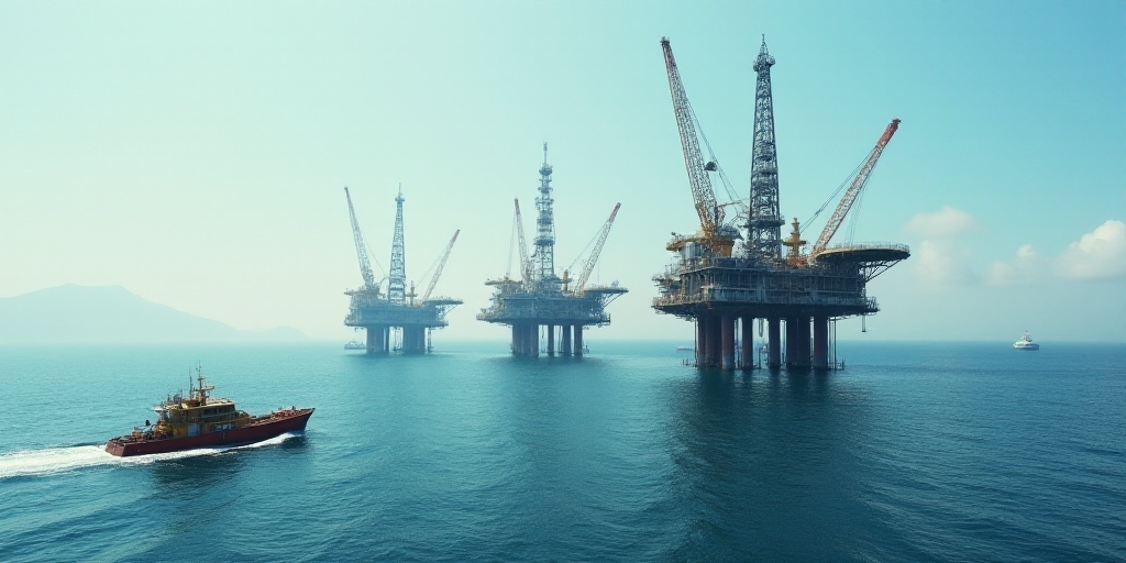 a group of oil rigs in the middle of the ocean with a boat in the water below them, Cui Bai, oil, a