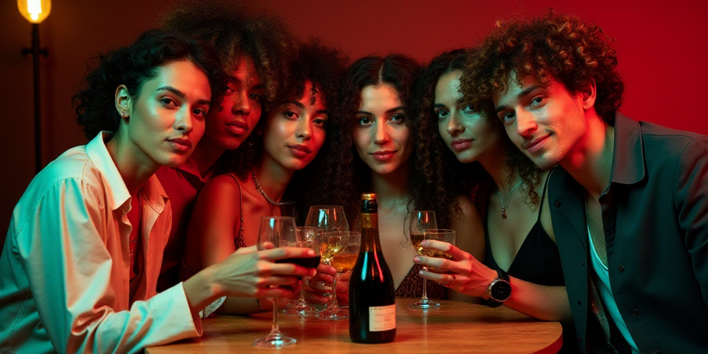 a group of people are posing for a picture together at a party with drinks in glasses and bottles of