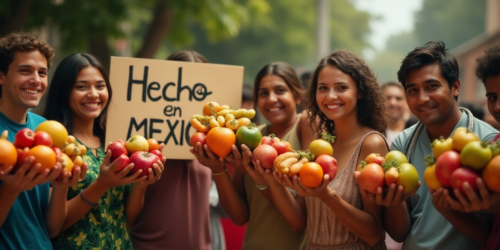 a group of people holding a bunch of fruit in their hands and a sign that says hecho en mexico, Eddi
