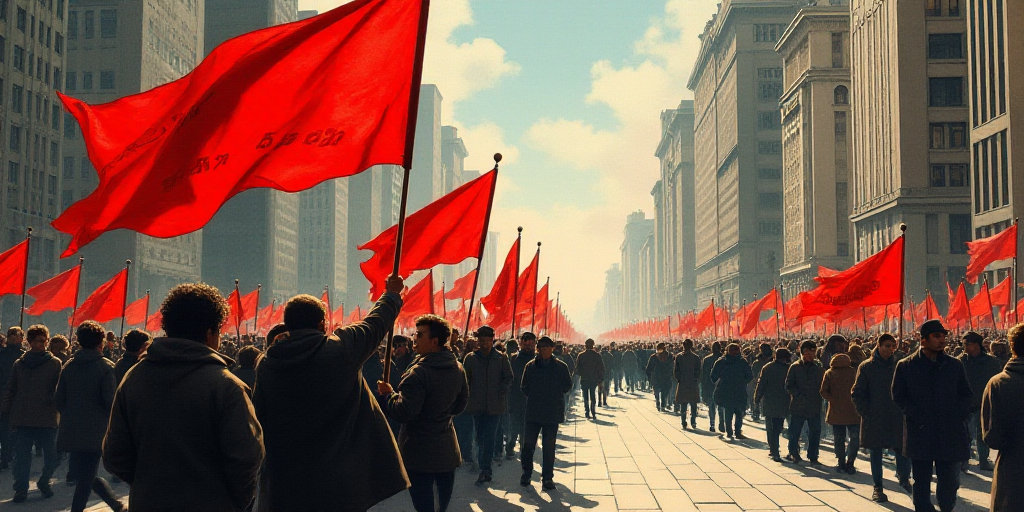 a group of people holding a red banner in a city street with tall buildings in the background and a