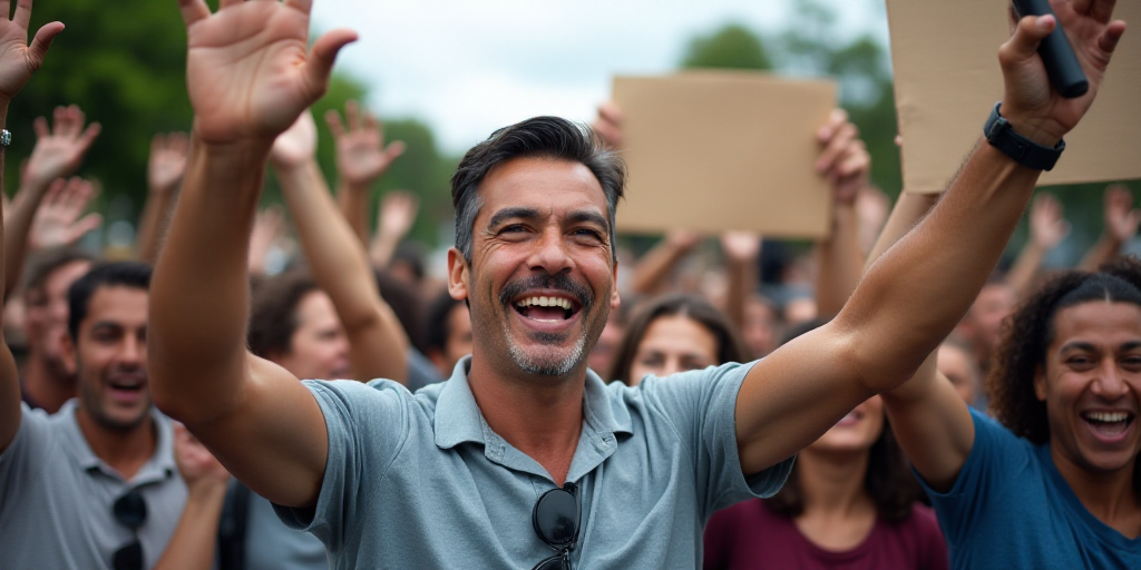 a group of people holding a sign and waving at the camera with their hands up in the air and a man h