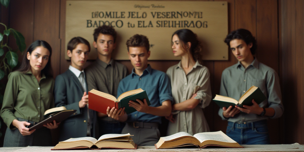 a group of people holding books in front of a table with a sign in the background that says complejo