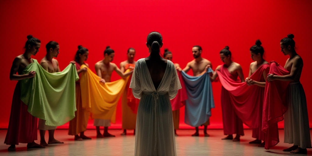 a group of people holding colorful cloths on a stage with a red background in the background, a woma