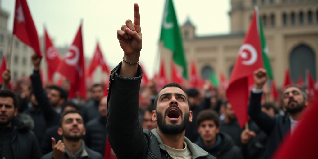 a group of people holding flags and pointing their fingers up in the air with their mouths open in f