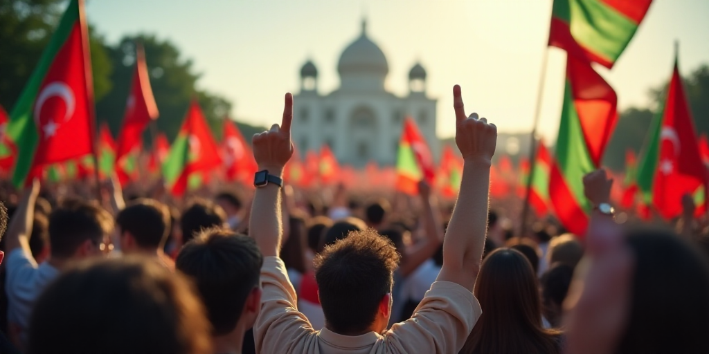 a group of people holding flags and pointing their fingers up in the air with their mouths open in f