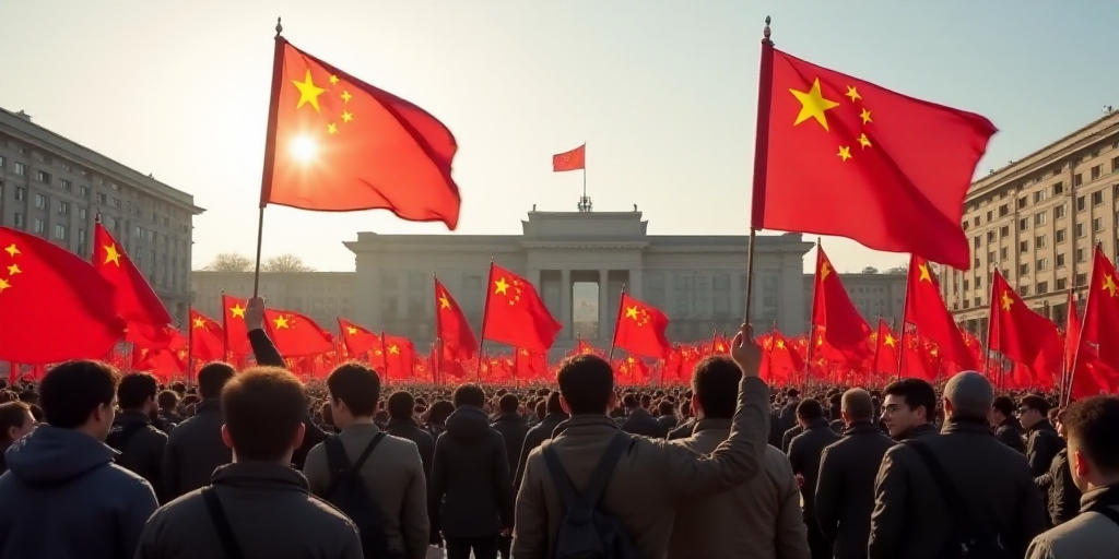 a group of people holding flags in front of a building with a flag on it and a building in the backg