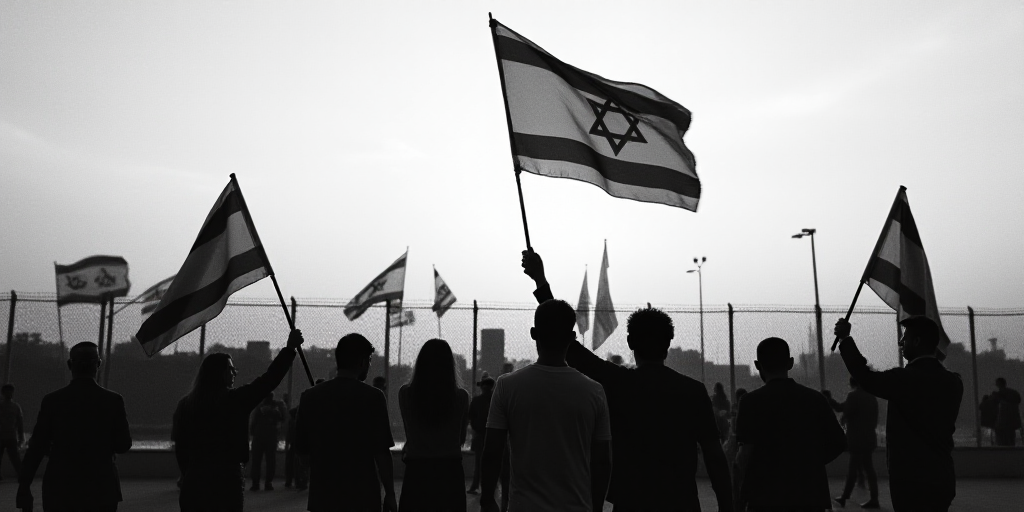 a group of people holding flags and a flag pole in the background with a sky in the background and a